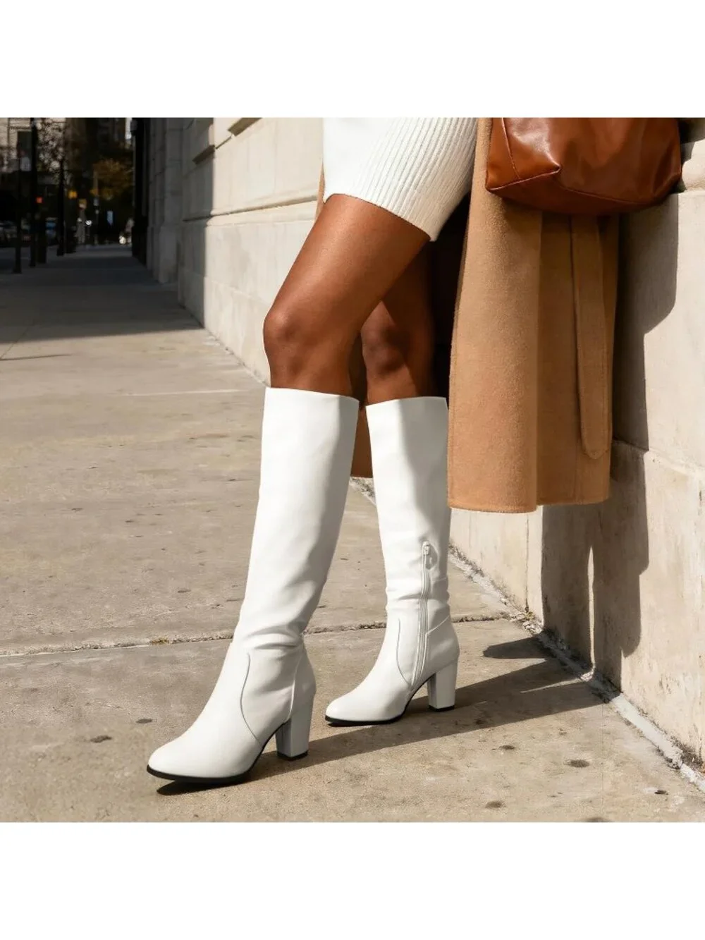 Women's White Pu Faux Fur Lined Square Toe Side Zipper Knee High Riding Boots